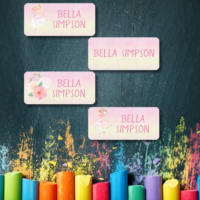 Étiquettes Ballerina jaune/rose nom imperméable (Yellow/pink ballerina waterproof clothing name labels)