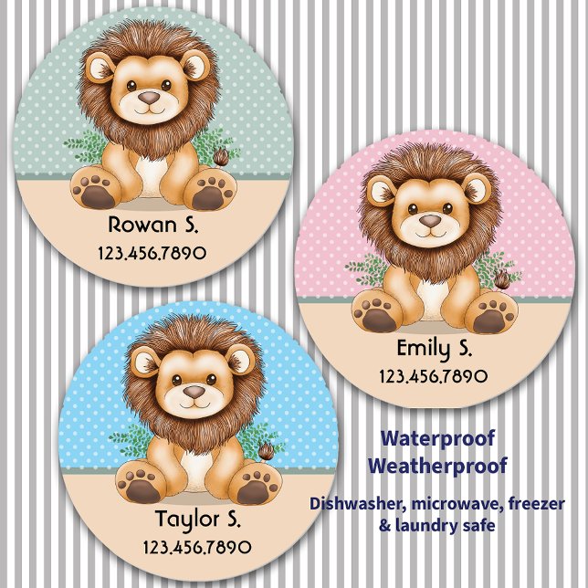 Étiquettes Bébé mignon Lion rose vert bleu (Cute Animal Baby Lion Pink Green Blue Personalized Labels)