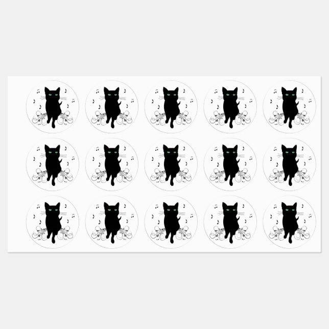 Étiquettes Black Cat Surrounded by Whispering Notes of Music (Feuille)