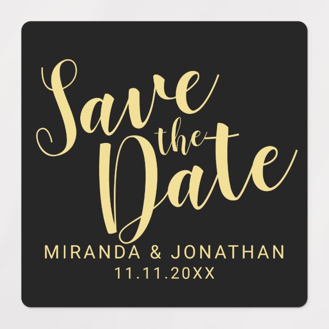 Étiquettes Black&Gold Modern Script Wedding Enregistrer la da (Design 1)
