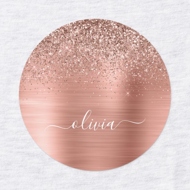 Étiquettes Brushed metal rose Gold Pink Glitter Monogram (Design 1)