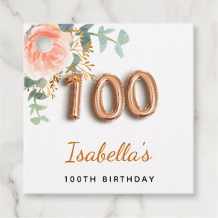 Étiquettes Cadeau 100e anniversaire fleuri rose or eucalyptus nom