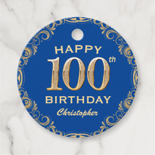 Étiquettes Cadeau 100e anniversaire Parties scintillant bleue et or 
