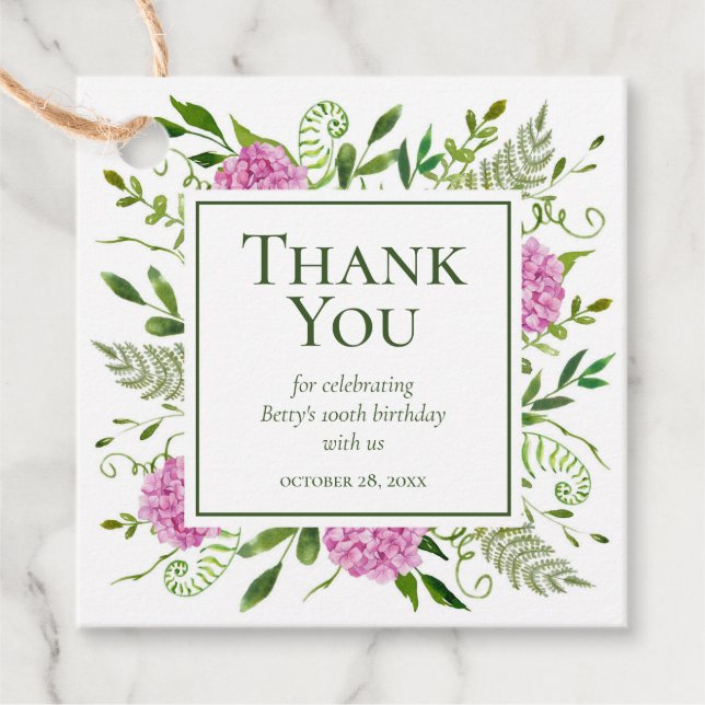 Étiquettes Cadeau 100e anniversaire Pink Hydrangeas Merci (Devant)