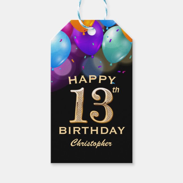 Étiquettes-cadeau 13e anniversaire de la fête Ballons Noir et Or (Devant)