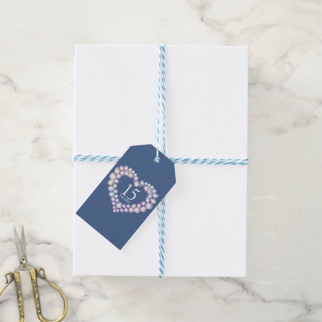 Étiquettes-cadeau 15 ans cristal anniversaire coeur bleu (Avec de laficelle)