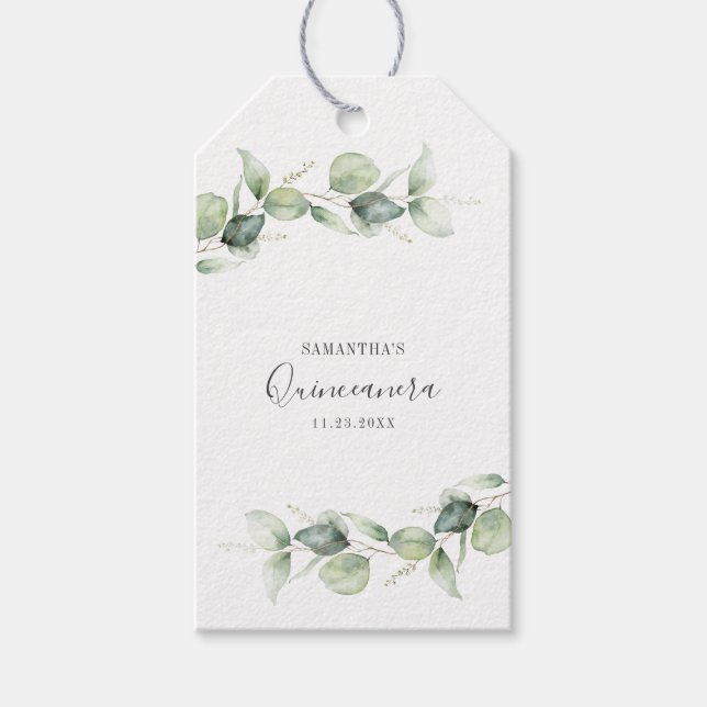 Étiquettes-cadeau 15e anniversaire Eucalyptus Quinceanera verdure (Devant)