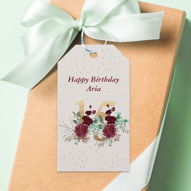 Étiquettes-cadeau 15e anniversaire Red Roses Gold Floral Numéro 15 (Créateur téléchargé)