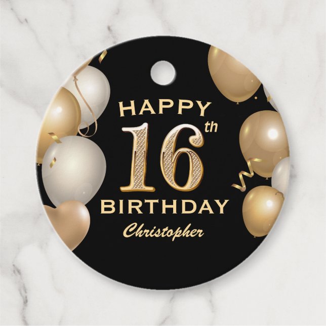 Étiquettes Cadeau 16e fête d'anniversaire Ballons noirs et or (Devant)