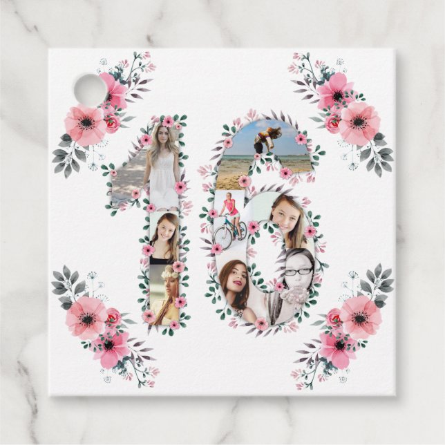 Étiquettes Cadeau 16e Fille Anniversaire Photo Collage Rose Fleur Bl (Devant)