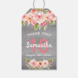 Étiquettes-cadeau 18e anniversaire corail dahlia fleurs gris merci
