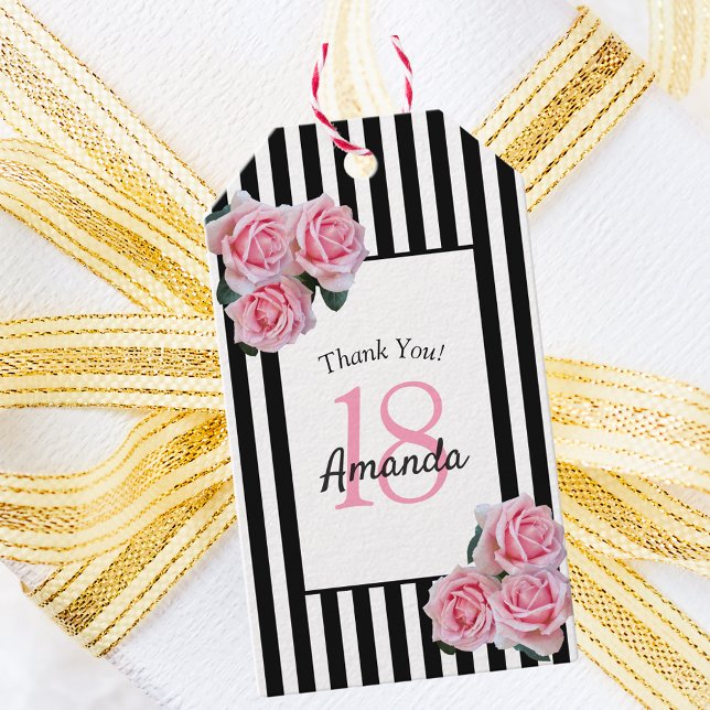 Étiquettes-cadeau 18e anniversaire florale rose rose rayures noires (Créateur téléchargé)