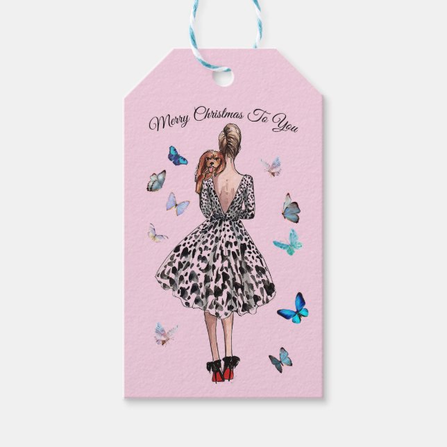 Étiquettes-cadeau 1950 Femme aux papillons Salutation de Noël (Devant)
