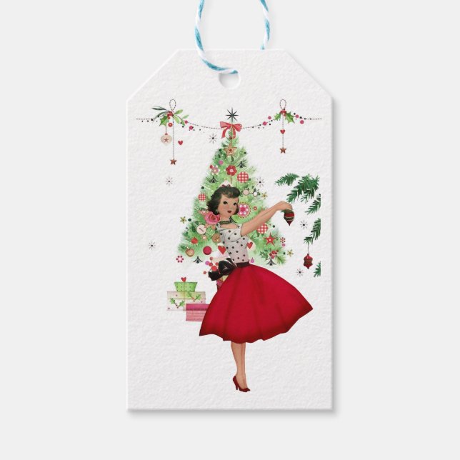 Étiquettes-cadeau 1950 Femme de Noël avec arbre de Noël (Devant)