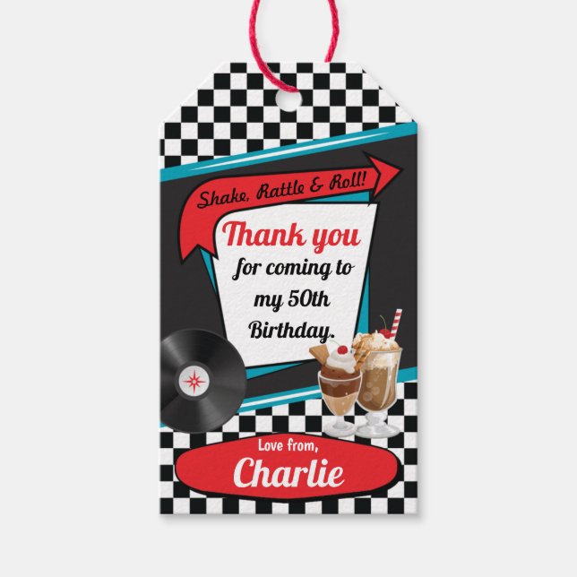 Étiquettes-cadeau 1950 Retro Diner fête d'anniversaire Red Turquoise (Devant)