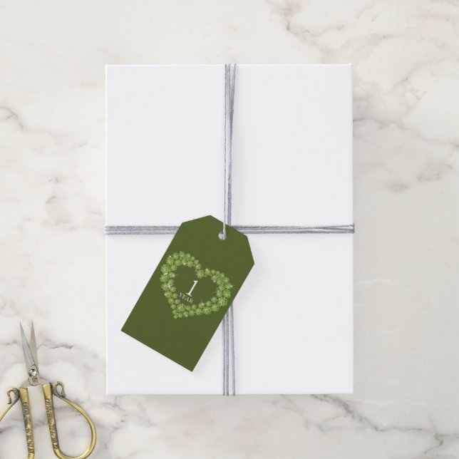 Étiquettes-cadeau 1 an mariage anniversaire effet cardiaque vert (Avec de la ficelle)