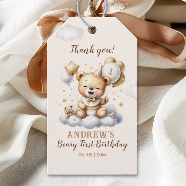 Étiquettes-cadeau 1st Birthday Teddy Bear with Brown Balloons (Créateur téléchargé)