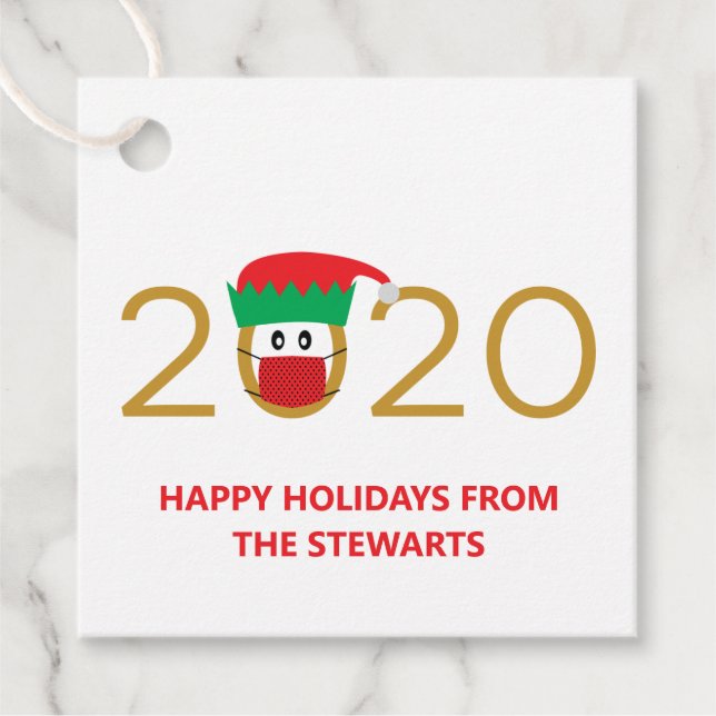 Étiquettes Cadeau 2020 Elfe portant un Masque Visage Fête / Noël (Devant)