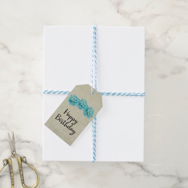 Étiquettes-cadeau 3 Roses Turquoises d'aquarelle sur Tan Damask anni (Avec de laficelle)
