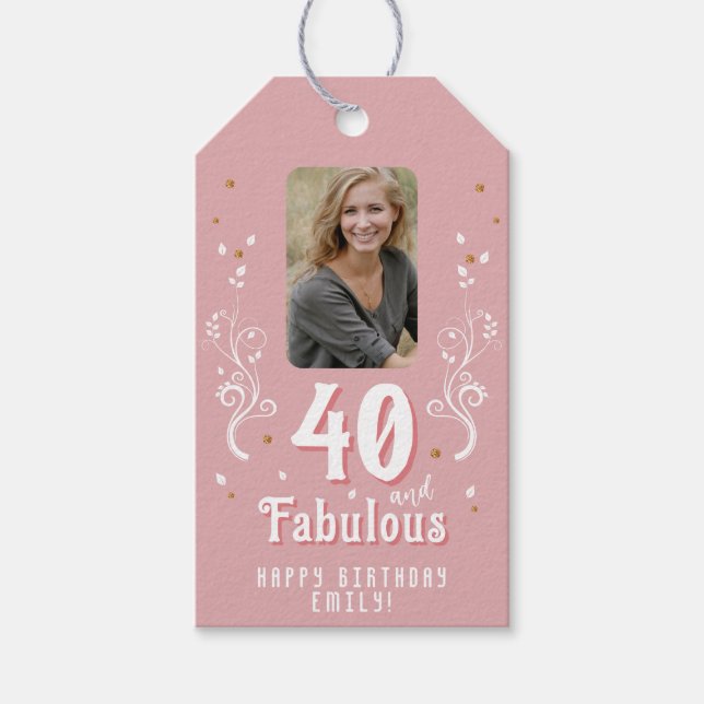 Étiquettes-cadeau 40 et Fabulous Foliage rose photo 40e anniversaire (Devant)