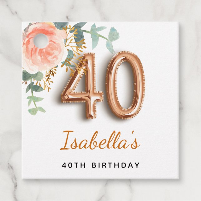 Étiquettes Cadeau 40e anniversaire floral rose or eucalyptus monogra (Devant)