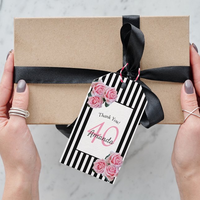 Étiquettes-cadeau 40e anniversaire florale rose noir rayures blanche (Créateur téléchargé)