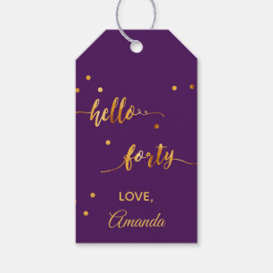 Étiquettes-cadeau 40e anniversaire violet or bonjour 40 nom script