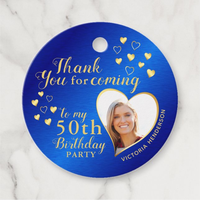 Étiquettes Cadeau 50e anniversaire Merci bleu et or (Devant)