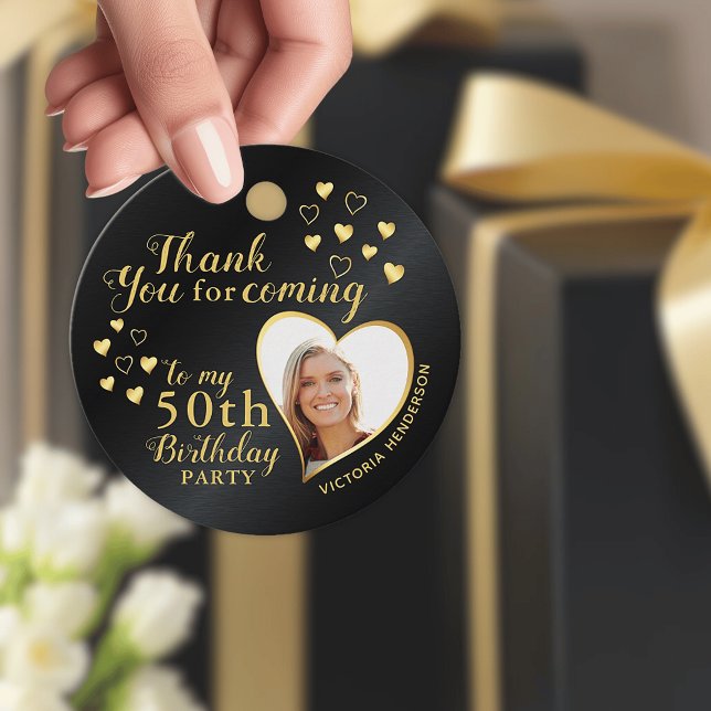 Étiquettes Cadeau 50e anniversaire Merci noir et or (Personalized 50th Birthday Black and Gold Thank You Favor Tags)