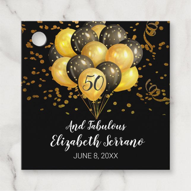 Étiquettes Cadeau 50e Anniversaire Or Et Ballons Noirs Et Confetti (Devant)