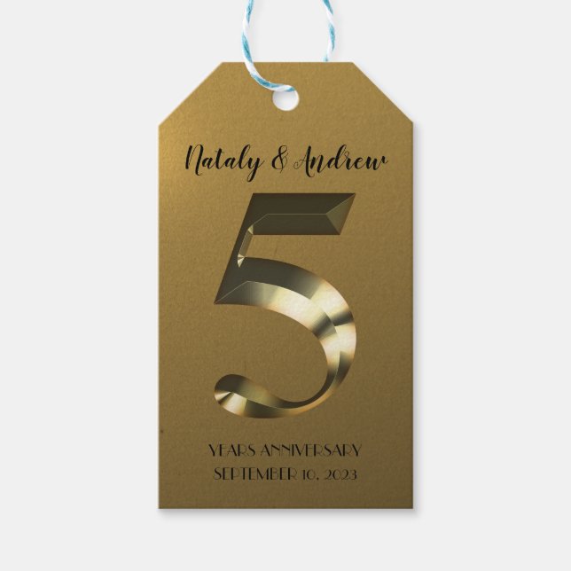 Étiquettes-cadeau 5e anniversaire Mariage d'or métallique (Devant)