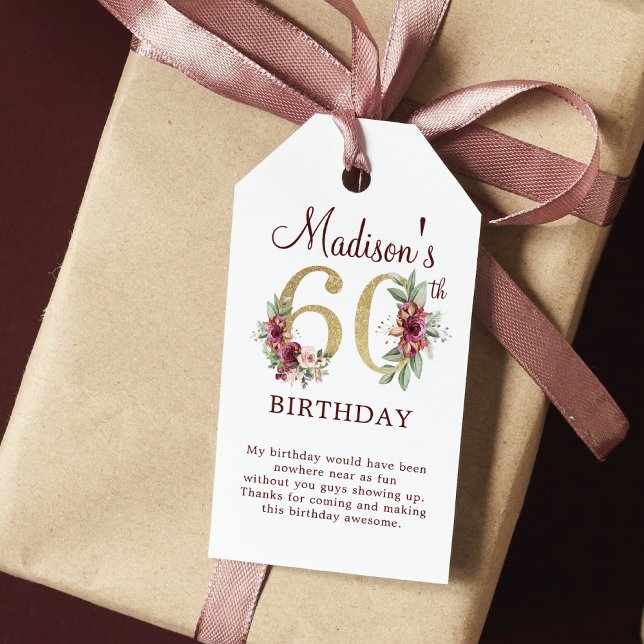 Étiquettes-cadeau 60e anniversaire Bourgogne Gold Floral Personnalis (Créateur téléchargé)