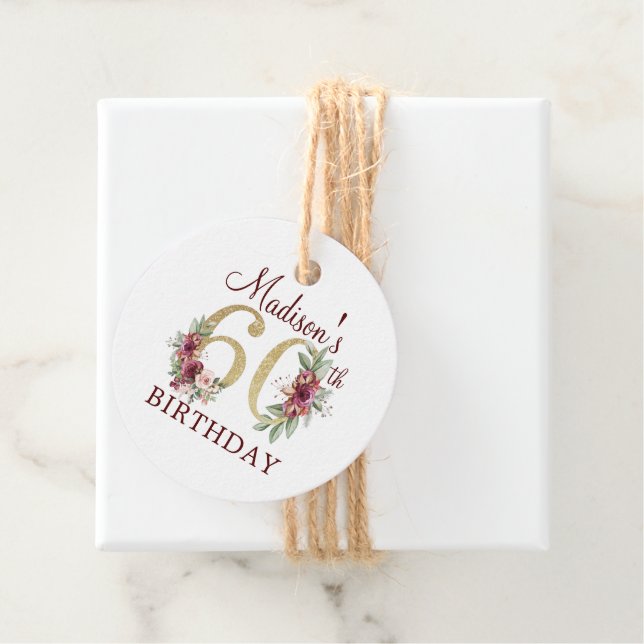 Étiquettes Cadeau 60e anniversaire personnalisé Floral Bourgogne Or (En situation)