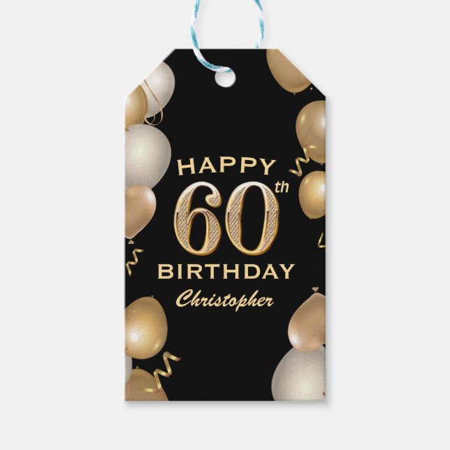 Étiquettes-cadeau 60e fête d'anniversaire Ballons noirs et or (Devant)