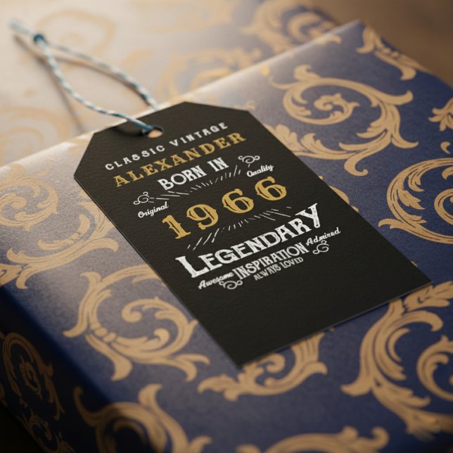 Étiquettes-cadeau 60th Birthday 1966 Add Name Legend Black Gold (Born 1966 birthday gift tag on blue and gold wrapping paper.)
