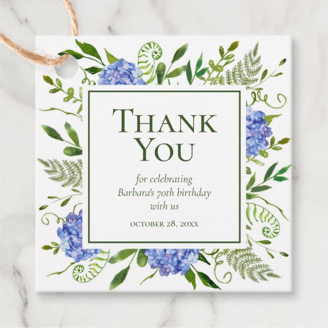 Étiquettes Cadeau 70e anniversaire Blue Hydrangeas Merci (Devant)