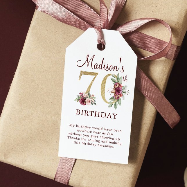 Étiquettes-cadeau 70e anniversaire Bourgogne Gold Floral Personnalis (Créateur téléchargé)