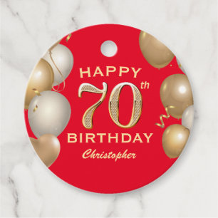Étiquettes Cadeau 70e Anniversaire de Ballons Rouge et Or
