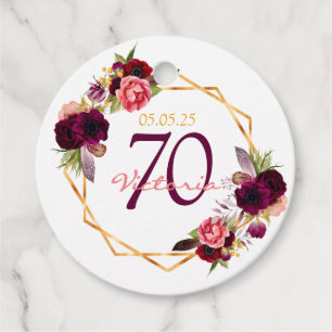 Étiquettes Cadeau 70e anniversaire fleuri or geo bordeaux nom
