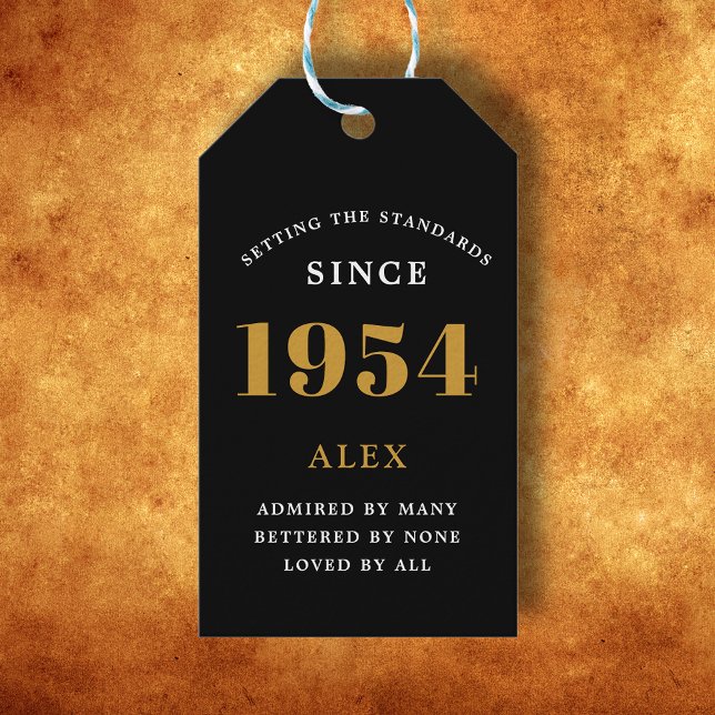 Étiquettes-cadeau 70e anniversaire Nom 1954 Black Gold Elegant Chic (Elegant Chic 1954 Black Gold Personalized 70th Birthday Gift Tags)