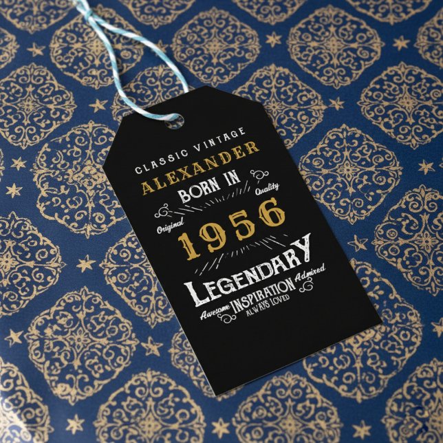 Étiquettes-cadeau 70th Birthday 1956 Add Name Legend Black Gold (Born 1956 gift tag on blue and gold wrapping paper.)