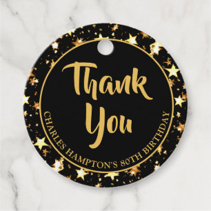 Étiquettes Cadeau 80e anniversaire Black Gold Stars MERCI