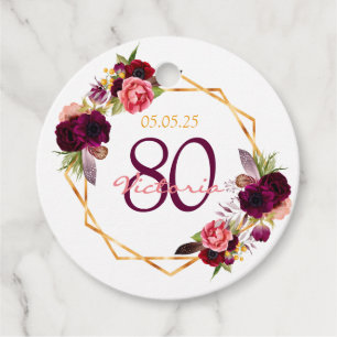 Étiquettes Cadeau 80e anniversaire blanc floral or geo bordeaux nom