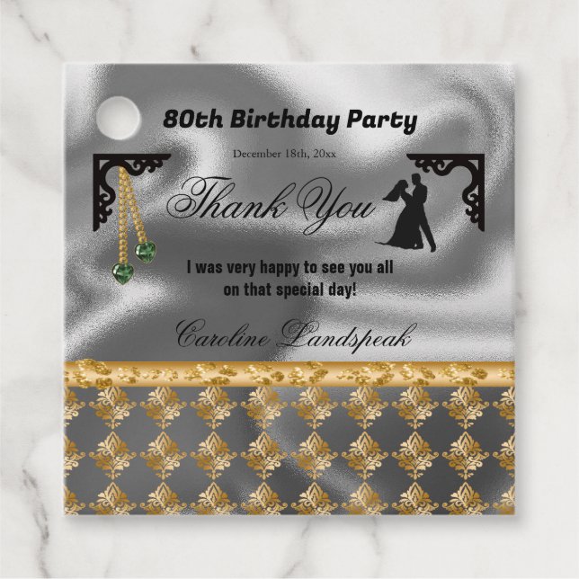 Étiquettes Cadeau 80e anniversaire Damask & Green Gems Merci (Devant)