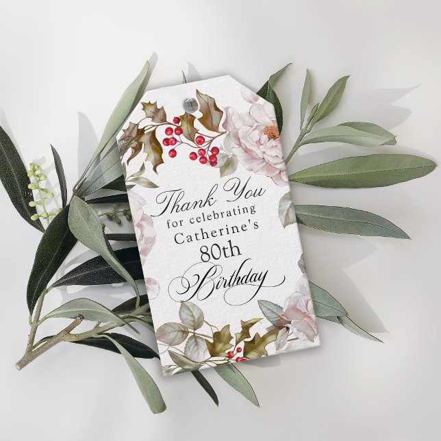 Étiquettes-cadeau 80e anniversaire Élégant Décembre Floral Merci  (Créateur téléchargé)