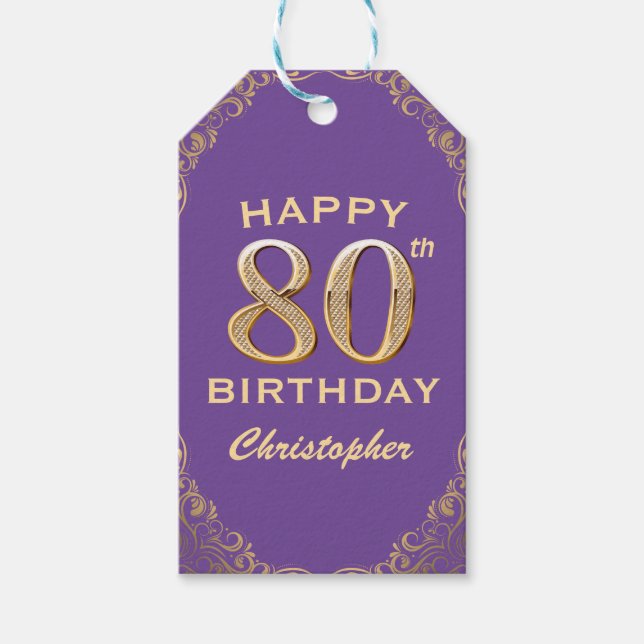 Étiquettes-cadeau 80e anniversaire fête violet et Parties scintillan (Devant)