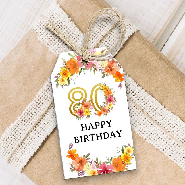 Étiquettes-cadeau 80e anniversaire Floral Gold Numéro 80 De et vers (80th Birthday Gift Tags from my Floral Number Birthday Party Collection)