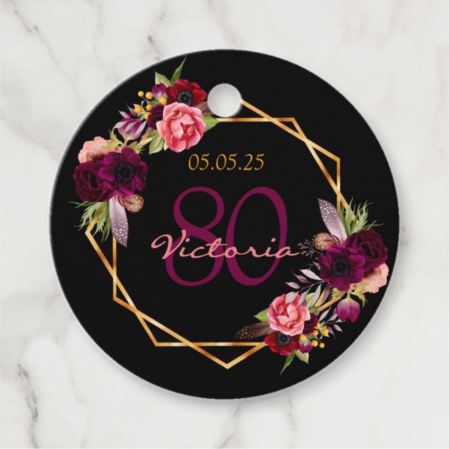 Étiquettes Cadeau 80e anniversaire noir violet Merci floral (Devant)