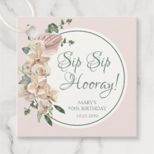Étiquettes Cadeau 90e Anniversaire Tropical Floral Sip Sip Hourra