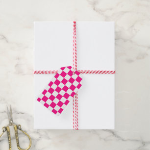 Étiquettes-cadeau à damiers carré chaud rose blanc rétro géométrique
